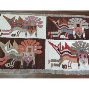 Vintage Peru Rug Hand Woven Wool Tapestry Wall Hanging 59x22” Zapotec Aztec Styl